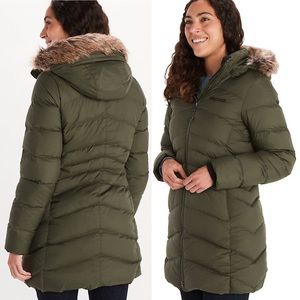 NWT Marmot Women’s Montreal 700 Fill Down Fur Lined Long Parka Nori Green - XS